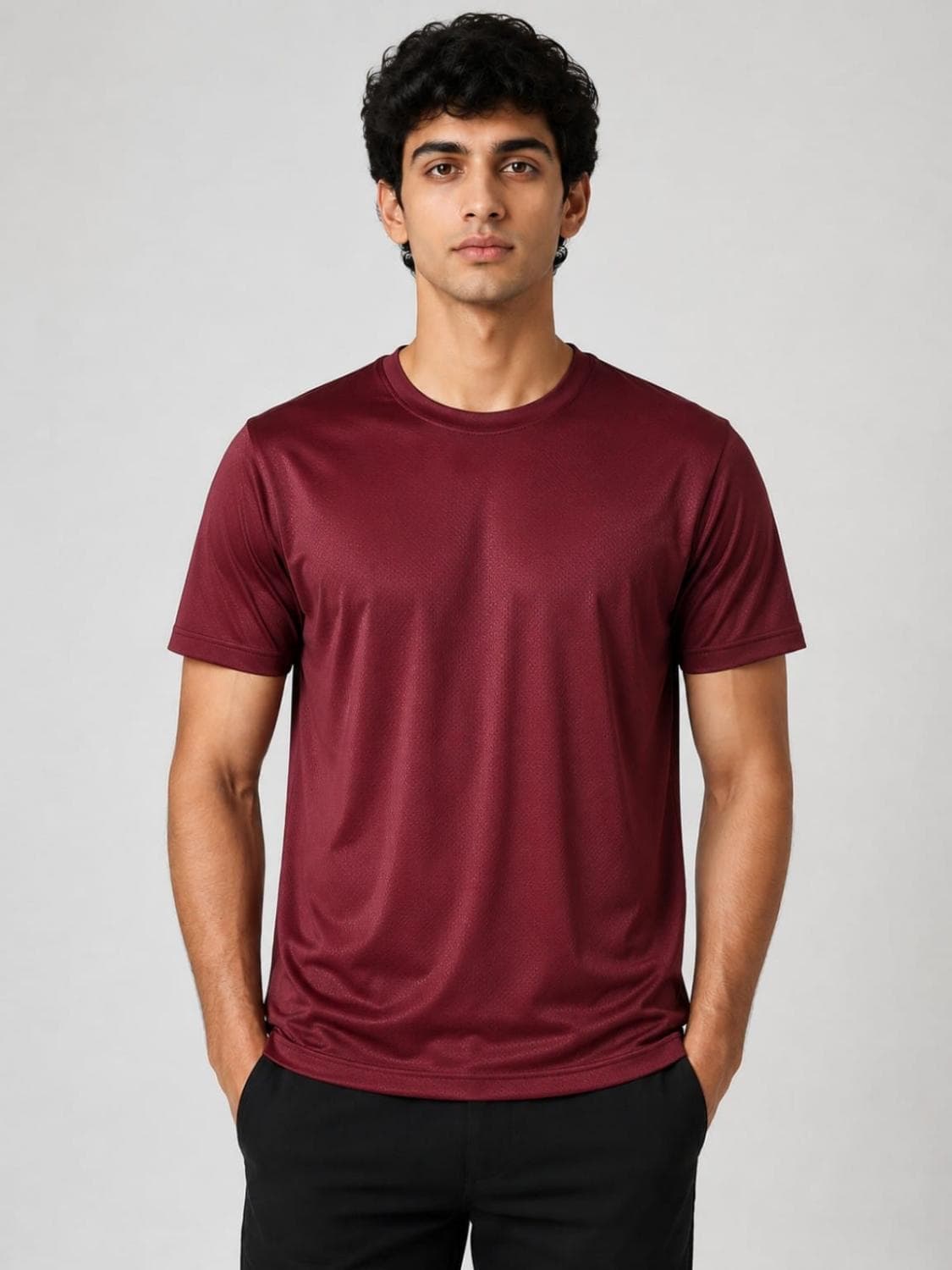 Dot Knit Round Neck T-Shirt — on model
